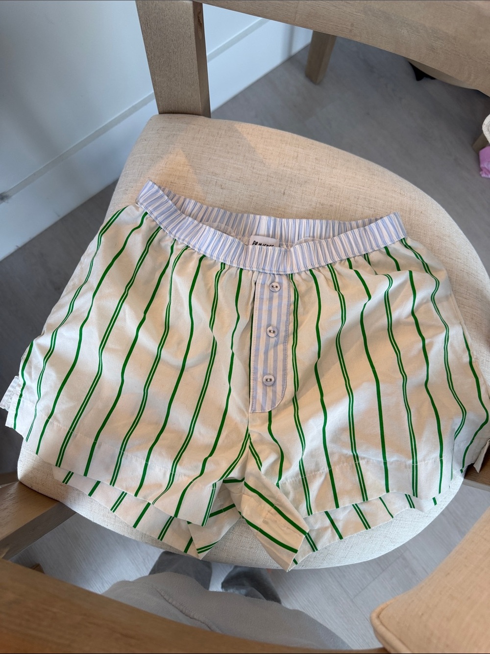 Princess Polly White Shorts with Green Stripes & Blue Waistband